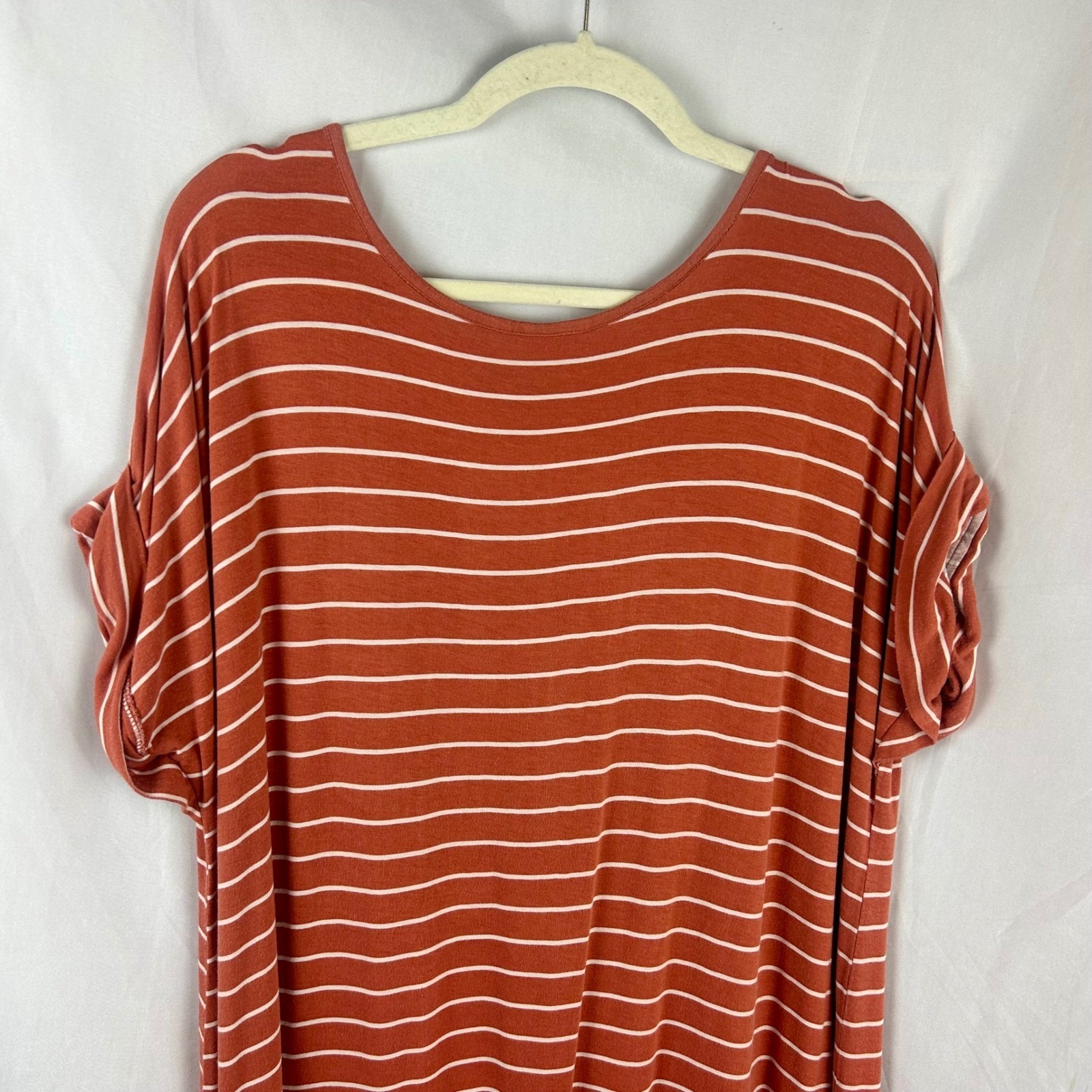 Bytavi B/T Women Xl Orange Stripe V Neck Knee Length Dress Short Sleeve Stretch — image 7 of 8